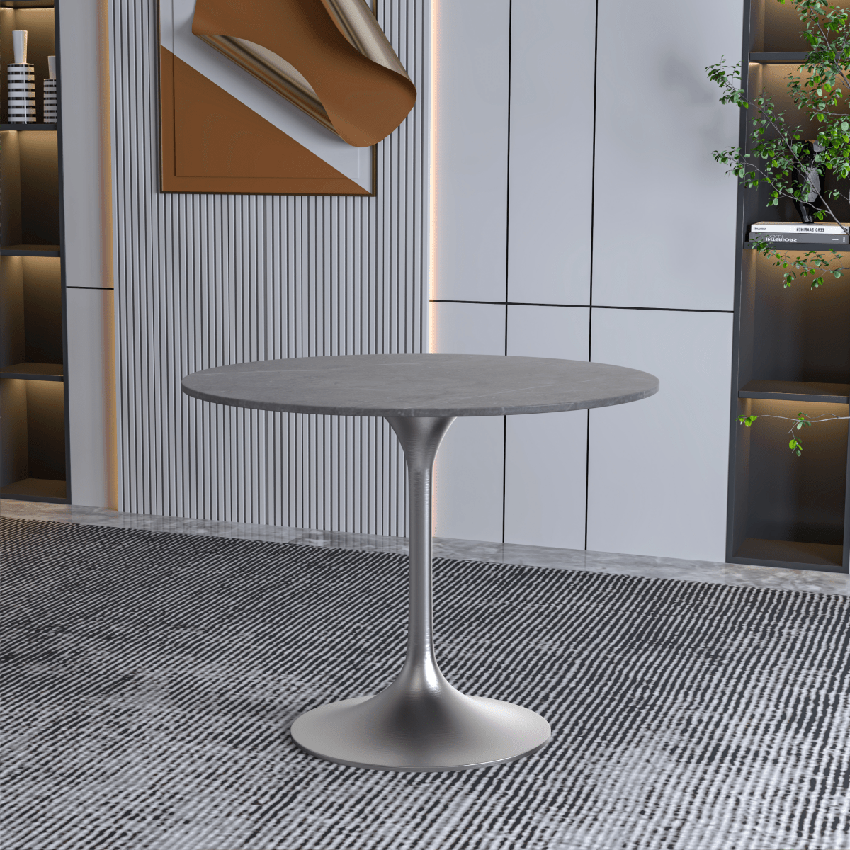 Verve Round Dining Table with MDF/Sintered Stone/Resin Tabletop in Silver Stainless Steel Pedestal Base Sintered Stone 36 Inch Grey Dining Table Leisuremod