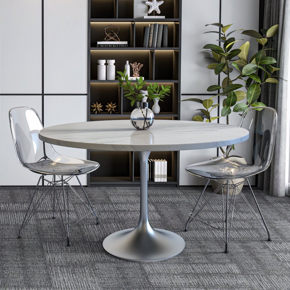 Verve Round Dining Table with MDF/Sintered Stone/Resin Tabletop in Silver Stainless Steel Pedestal Base Resin 48 Inch White Resin Dining Table Leisuremod