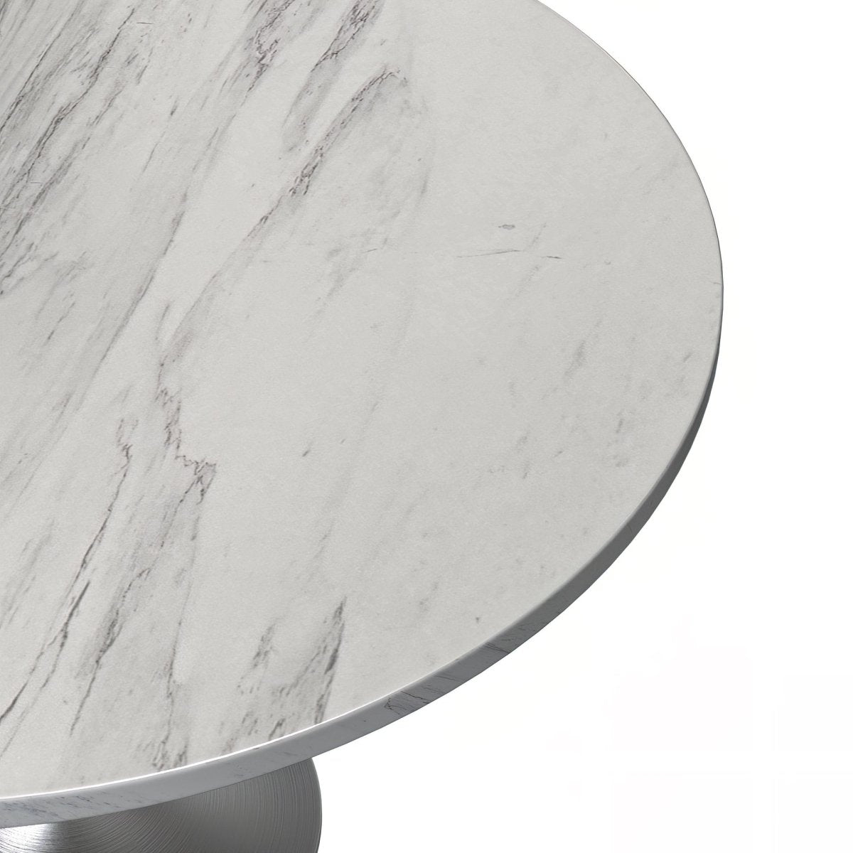 Verve Round Dining Table with MDF/Sintered Stone/Resin Tabletop in Silver Stainless Steel Pedestal Base Resin 48 Inch White Resin Dining Table Leisuremod
