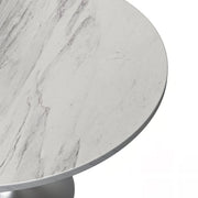 Verve Round Dining Table with MDF/Sintered Stone/Resin Tabletop in Silver Stainless Steel Pedestal Base Resin 48 Inch White Resin Dining Table Leisuremod