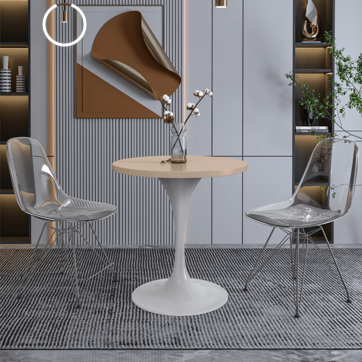 Verve Round Dining Table with MDF/Sintered Stone/Resin Tabletop in White Stainless Steel Pedestal Base MDF 27 Inch Natural Wood Dining Table Leisuremod