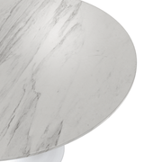 Verve Round Dining Table with MDF/Sintered Stone/Resin Tabletop in White Stainless Steel Pedestal Base Sintered Stone 48 Inch White Dining Table Leisuremod