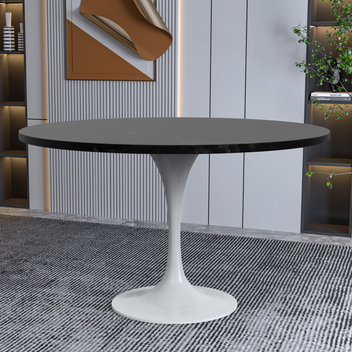 Verve Round Dining Table with MDF/Sintered Stone/Resin Tabletop in White Stainless Steel Pedestal Base MDF 48 Inch Black Dining Table Leisuremod