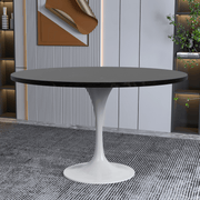 Verve Round Dining Table with MDF/Sintered Stone/Resin Tabletop in White Stainless Steel Pedestal Base MDF 48 Inch Black Dining Table Leisuremod