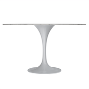 Verve Round Dining Table with MDF/Sintered Stone/Resin Tabletop in White Stainless Steel Pedestal Base Sintered Stone 48 Inch White Dining Table Leisuremod