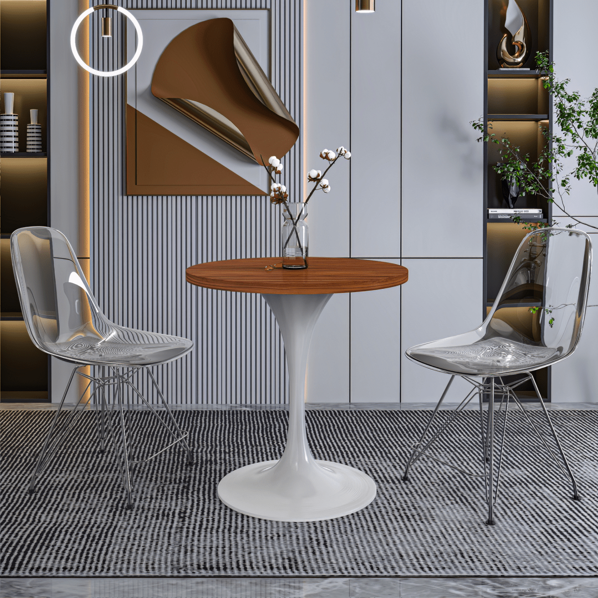 Verve Round Dining Table with MDF/Sintered Stone/Resin Tabletop in White Stainless Steel Pedestal Base MDF 27 Inch Cognac Brown Dining Table Leisuremod