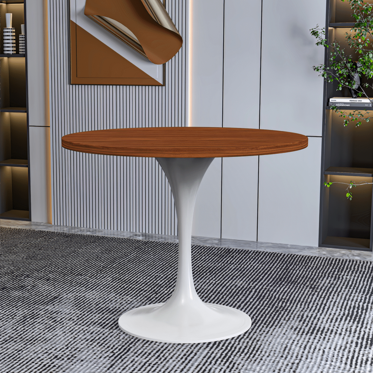Verve Round Dining Table with MDF/Sintered Stone/Resin Tabletop in White Stainless Steel Pedestal Base MDF 36 Inch Cognac Brown Dining Table Leisuremod