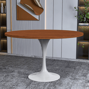 Verve Round Dining Table with MDF/Sintered Stone/Resin Tabletop in White Stainless Steel Pedestal Base MDF 48 Inch Cognac Brown Dining Table Leisuremod