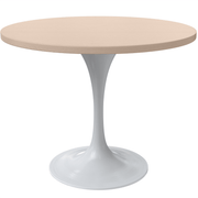 Verve Round Dining Table with MDF/Sintered Stone/Resin Tabletop in White Stainless Steel Pedestal Base MDF 36 Inch Natural Wood Dining Table Leisuremod