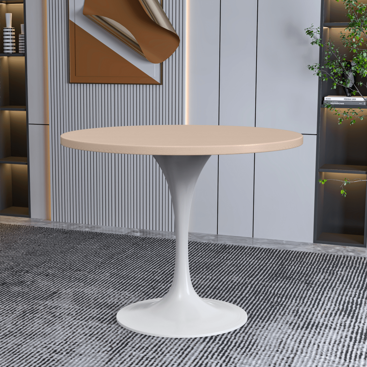 Verve Round Dining Table with MDF/Sintered Stone/Resin Tabletop in White Stainless Steel Pedestal Base MDF 36 Inch Natural Wood Dining Table Leisuremod