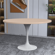 Verve Round Dining Table with MDF/Sintered Stone/Resin Tabletop in White Stainless Steel Pedestal Base MDF 48 Inch Natural Wood Dining Table Leisuremod