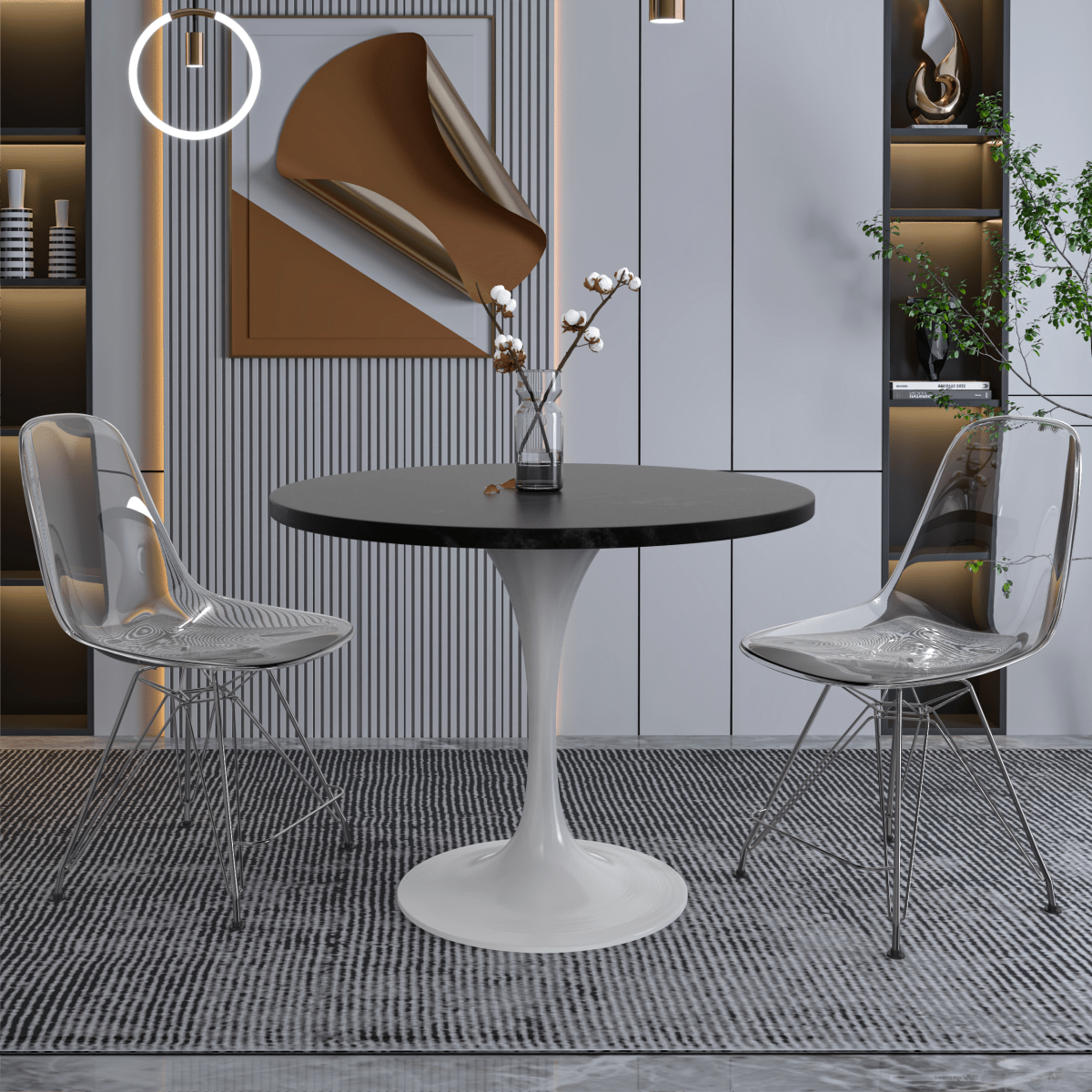 Verve Round Dining Table with MDF/Sintered Stone/Resin Tabletop in White Stainless Steel Pedestal Base MDF 36 Inch Black Dining Table Leisuremod