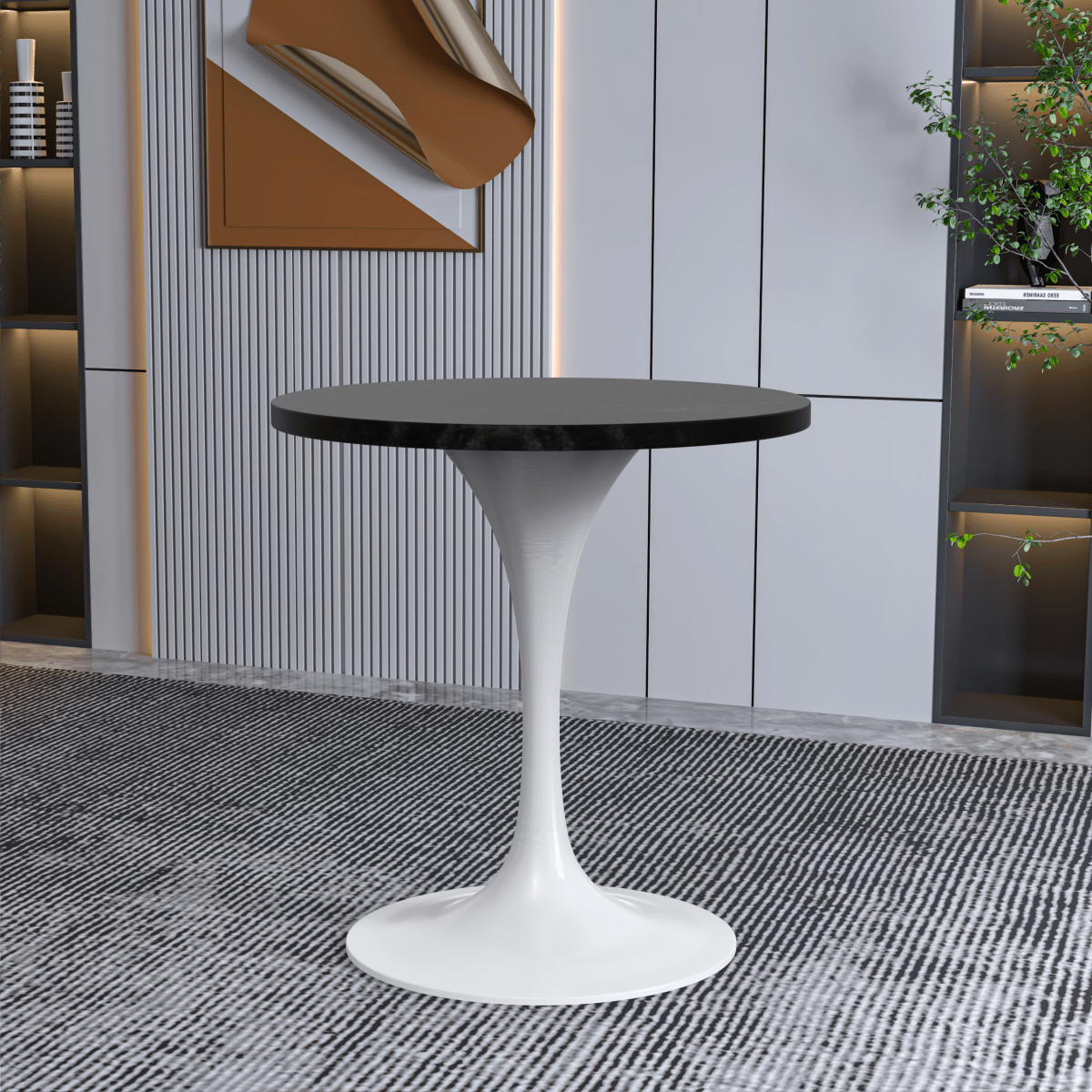 Verve Round Dining Table with MDF/Sintered Stone/Resin Tabletop in White Stainless Steel Pedestal Base MDF 27 Inch Black Dining Table Leisuremod