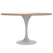 Verve Round Dining Table with MDF/Sintered Stone/Resin Tabletop in White Stainless Steel Pedestal Base MDF 48 Inch Natural Wood Dining Table Leisuremod