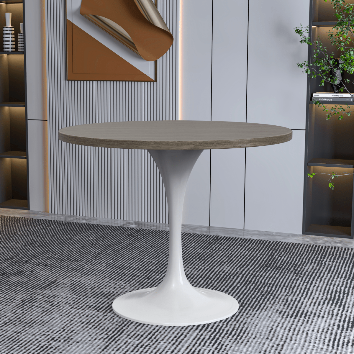 Verve Round Dining Table with MDF/Sintered Stone/Resin Tabletop in White Stainless Steel Pedestal Base MDF 36 Inch Dark Maple Dining Table Leisuremod