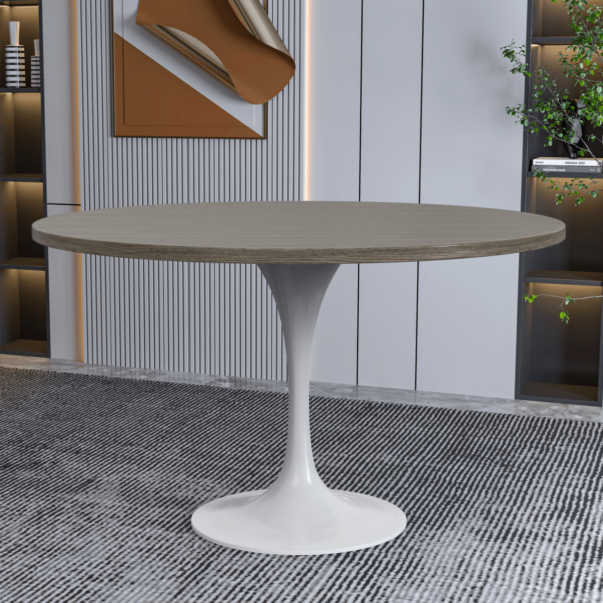 Verve Round Dining Table with MDF/Sintered Stone/Resin Tabletop in White Stainless Steel Pedestal Base MDF 48 Inch Dark Maple Dining Table Leisuremod