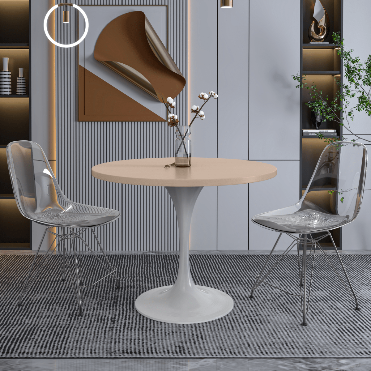 Verve Round Dining Table with MDF/Sintered Stone/Resin Tabletop in White Stainless Steel Pedestal Base MDF 36 Inch Natural Wood Dining Table Leisuremod