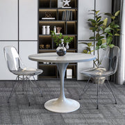Verve Round Dining Table with MDF/Sintered Stone/Resin Tabletop in White Stainless Steel Pedestal Base Resin 36 Inch White Resin Dining Table Leisuremod