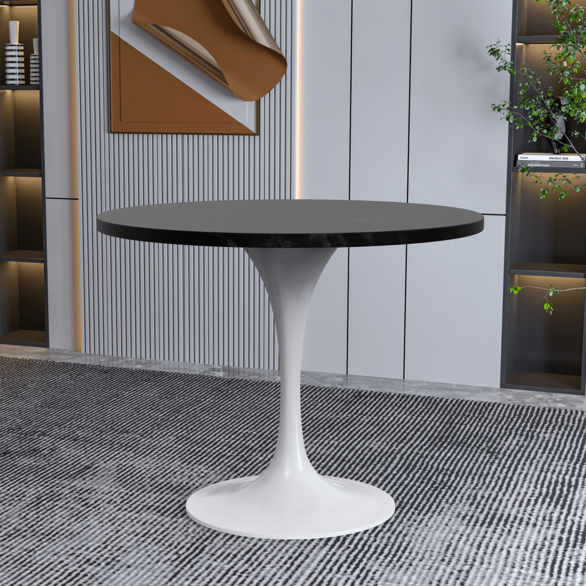 Verve Round Dining Table with MDF/Sintered Stone/Resin Tabletop in White Stainless Steel Pedestal Base MDF 36 Inch Black Dining Table Leisuremod
