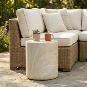 Vintara Round Fiberstone Side Table with Brushed Finish – Indoor & Outdoor Accent Table Stone Marble Side Table LeisureMod