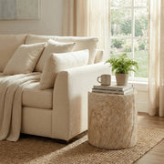 Vintara Round Fiberstone Side Table with Brushed Finish – Indoor & Outdoor Accent Table Travertine Side Table LeisureMod