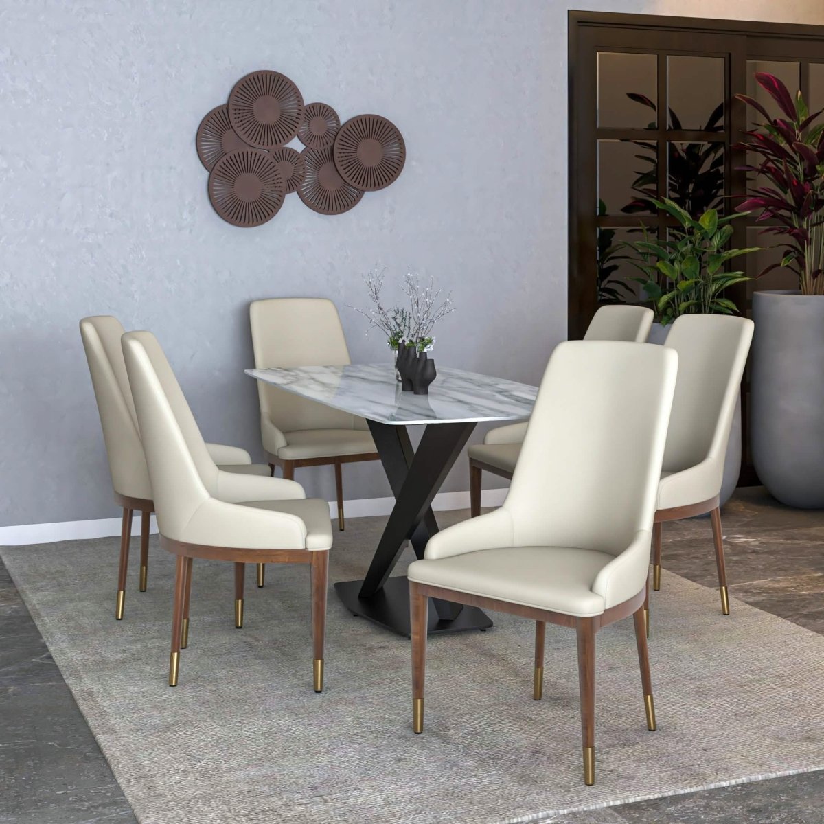 Viva Dining Side Chair Upholstered in Leather with Brown Rubberwood Legs Taupe Dining Chair Leisuremod