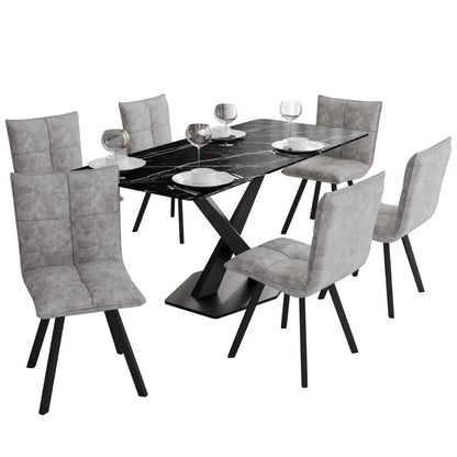 Voren 7-Piece Dining Set with 55" Rectangular Dining Table with Sintered Stone Top and Black Base and 6 Leather Dining Chairs - Elax Furniture