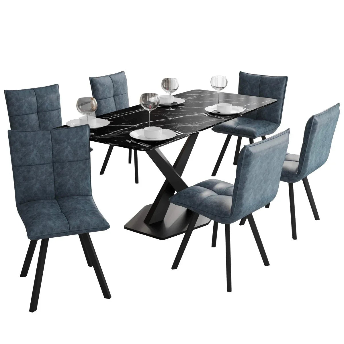 Voren 7-Piece Dining Set with 55" Rectangular Dining Table with Sintered Stone Top and Black Base and 6 Leather Dining Chairs - Elax Furniture