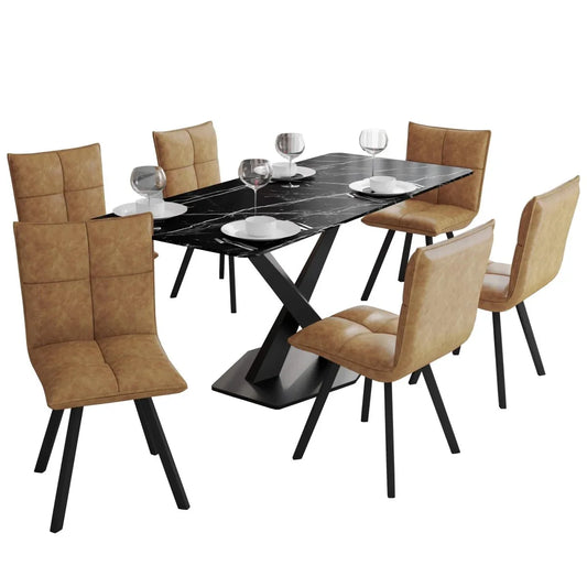 Voren 7-Piece Dining Set with 55" Rectangular Dining Table with Sintered Stone Top and Black Base and 6 Leather Dining Chairs - Elax Furniture