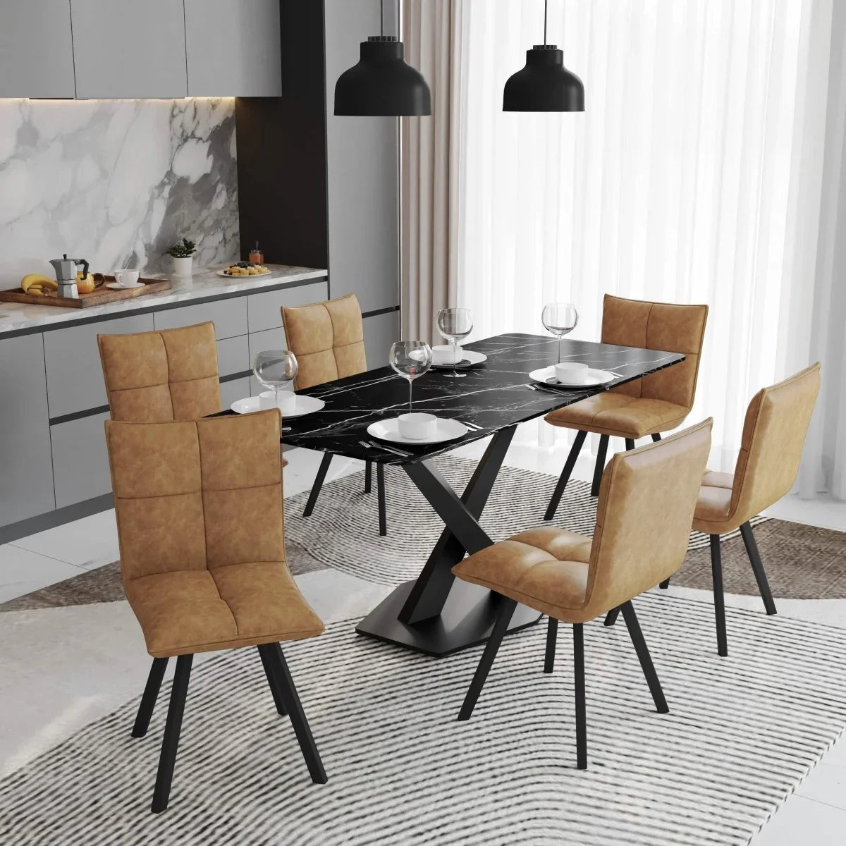 Voren 7-Piece Dining Set with 55" Rectangular Dining Table with Sintered Stone Top and Black Base and 6 Leather Dining Chairs - Elax Furniture