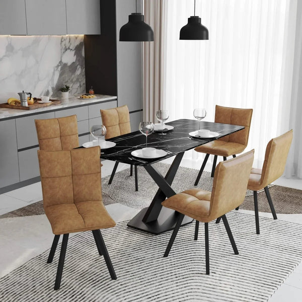 Voren 7-Piece Dining Set with 55" Rectangular Dining Table with Sintered Stone Top and Black Base and 6 Leather Dining Chairs