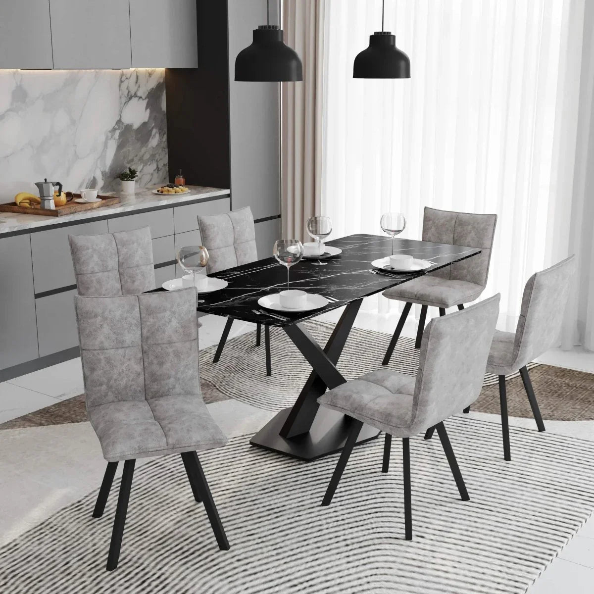 Voren 7-Piece Dining Set with 55" Rectangular Dining Table with Sintered Stone Top and Black Base and 6 Leather Dining Chairs - Elax Furniture