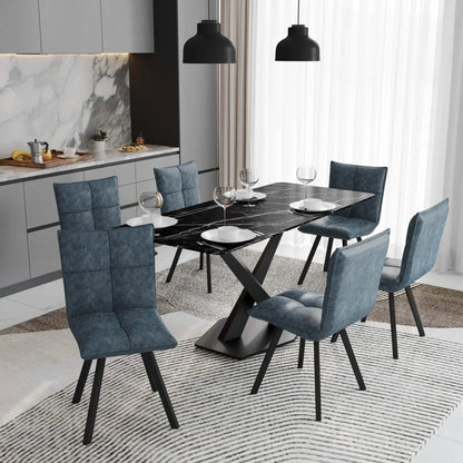 Voren 7-Piece Dining Set with 55" Rectangular Dining Table with Sintered Stone Top and Black Base and 6 Leather Dining Chairs - Elax Furniture