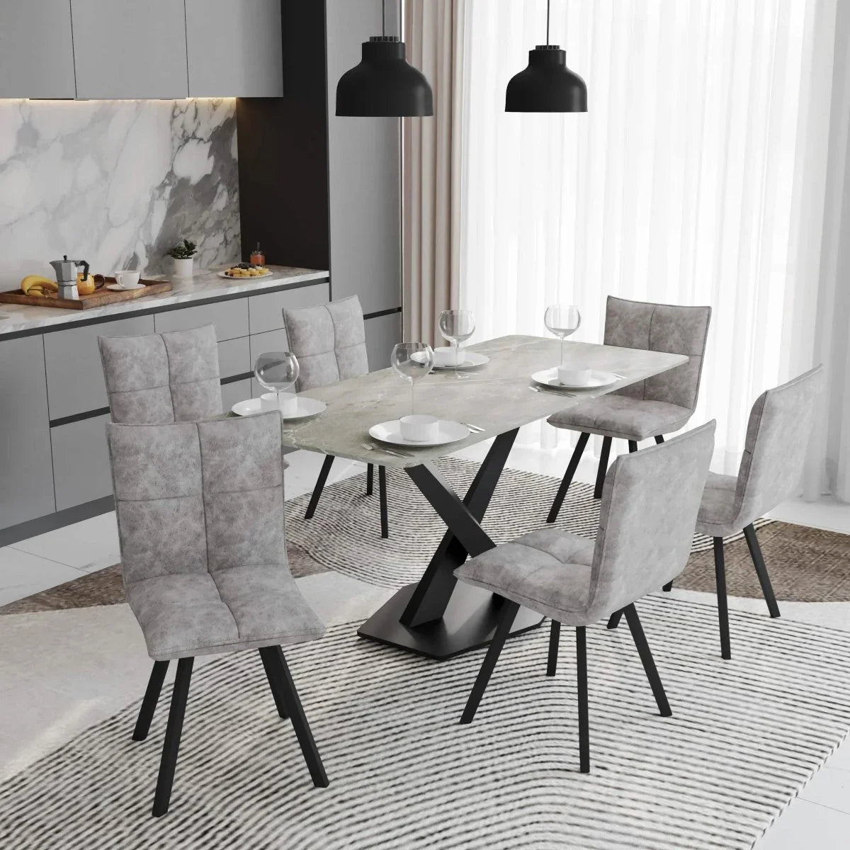 Voren 7-Piece Dining Set with 55" Rectangular Dining Table with Sintered Stone Top and Gold Base in Deep Grey and 6 Leather Dining Chairs - Elax Furniture