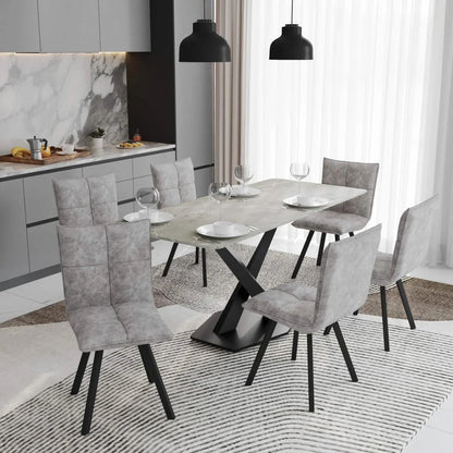 Voren 7-Piece Dining Set with 55" Rectangular Dining Table with Sintered Stone Top and Gold Base in Deep Grey and 6 Leather Dining Chairs - Elax Furniture
