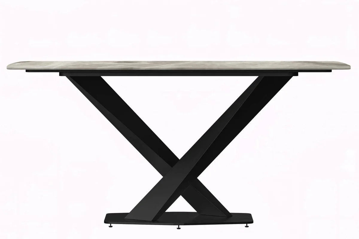 Voren 7-Piece Dining Set with 55" Rectangular Dining Table with Sintered Stone Top and Gold Base in Deep Grey and 6 Leather Dining Chairs - Elax Furniture