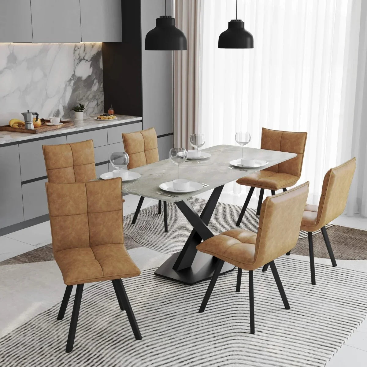 Voren 7-Piece Dining Set with 55" Rectangular Dining Table with Sintered Stone Top and Gold Base in Deep Grey and 6 Leather Dining Chairs - Elax Furniture