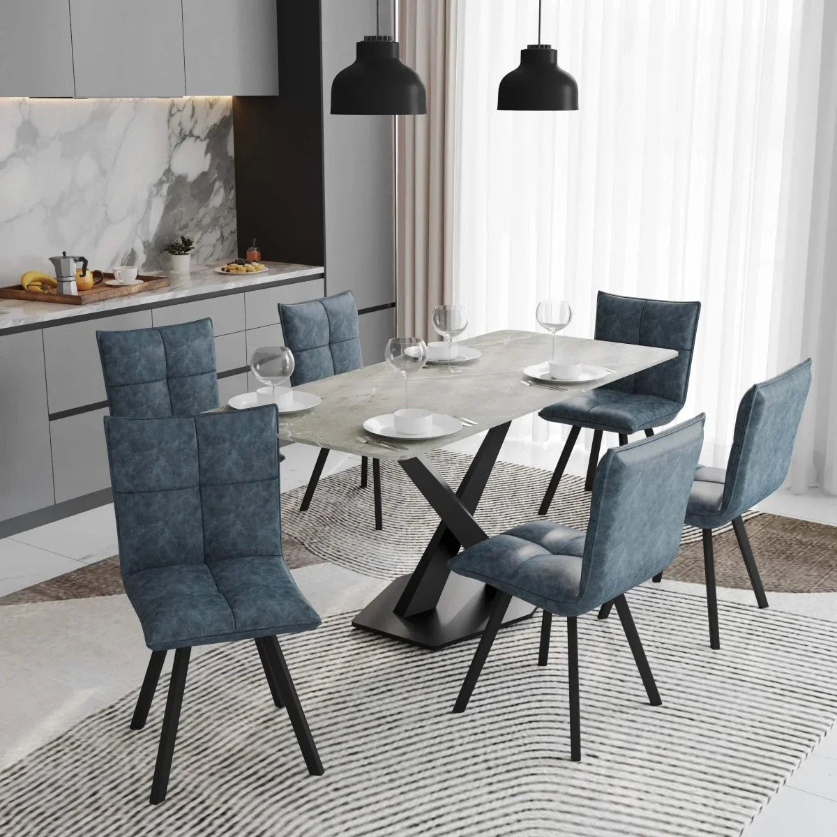 Voren 7-Piece Dining Set with 55" Rectangular Dining Table with Sintered Stone Top and Gold Base in Deep Grey and 6 Leather Dining Chairs - Elax Furniture