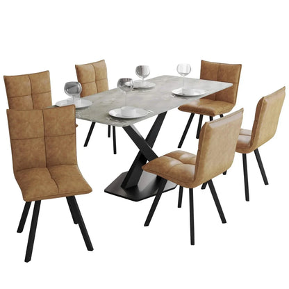Voren 7-Piece Dining Set with 55" Rectangular Dining Table with Sintered Stone Top and Gold Base in Deep Grey and 6 Leather Dining Chairs - Elax Furniture