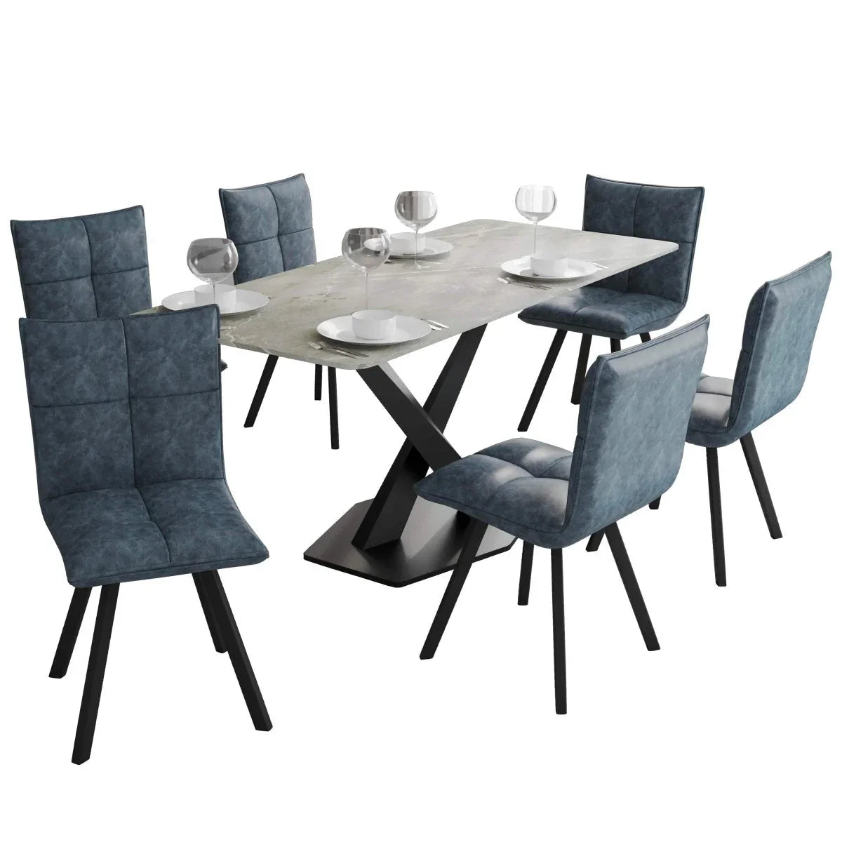 Voren 7-Piece Dining Set with 55" Rectangular Dining Table with Sintered Stone Top and Gold Base in Deep Grey and 6 Leather Dining Chairs - Elax Furniture