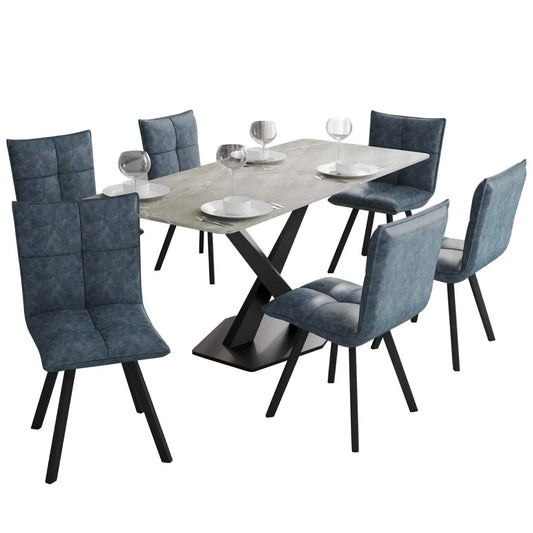 Voren 7-Piece Dining Set with 55" Rectangular Dining Table with Sintered Stone Top and Gold Base in Deep Grey and 6 Leather Dining Chairs - Elax Furniture