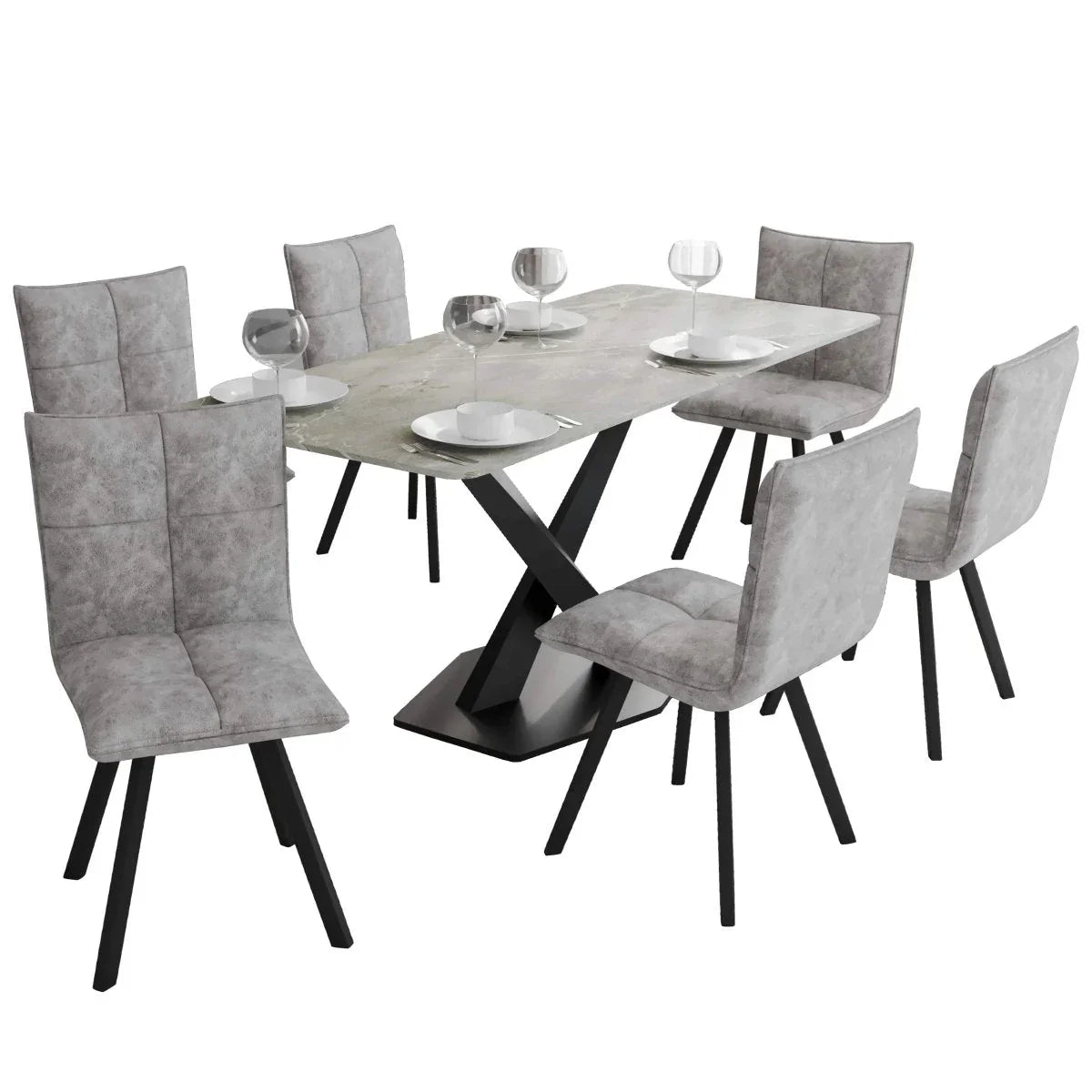 Voren 7-Piece Dining Set with 55" Rectangular Dining Table with Sintered Stone Top and Gold Base in Deep Grey and 6 Leather Dining Chairs - Elax Furniture