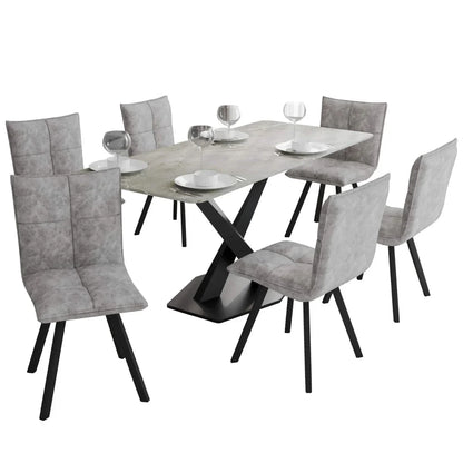 Voren 7-Piece Dining Set with 55" Rectangular Dining Table with Sintered Stone Top and Gold Base in Deep Grey and 6 Leather Dining Chairs - Elax Furniture