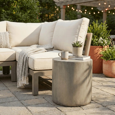 Vintara Round Fiberstone Side Table with Brushed Finish – Indoor & Outdoor Accent Table