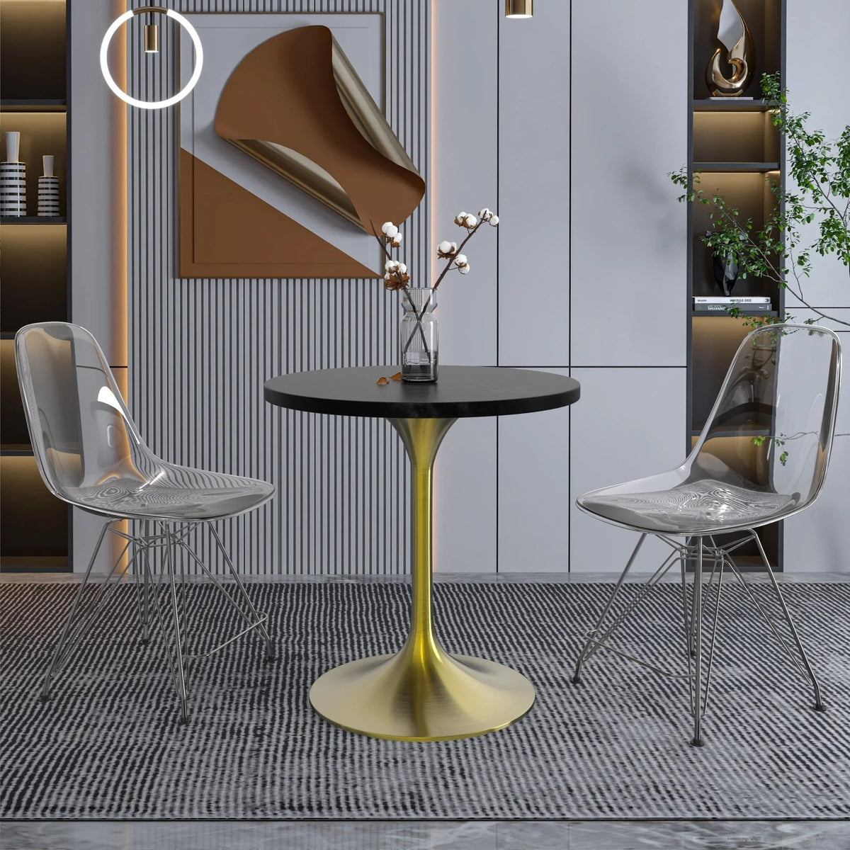 Verve Round Dining Table with MDF/Sintered Stone/Resin Tabletop in Gold Stainless Steel Pedestal Base - Elax Furniture