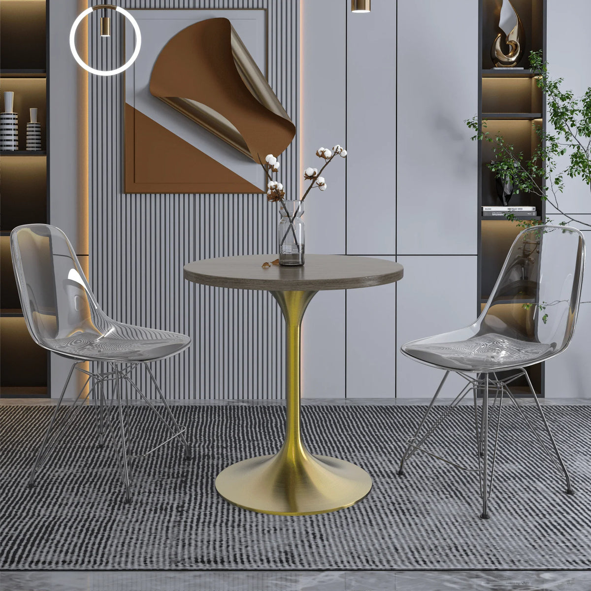 Verve Round Dining Table with MDF/Sintered Stone/Resin Tabletop in Gold Stainless Steel Pedestal Base - Elax Furniture