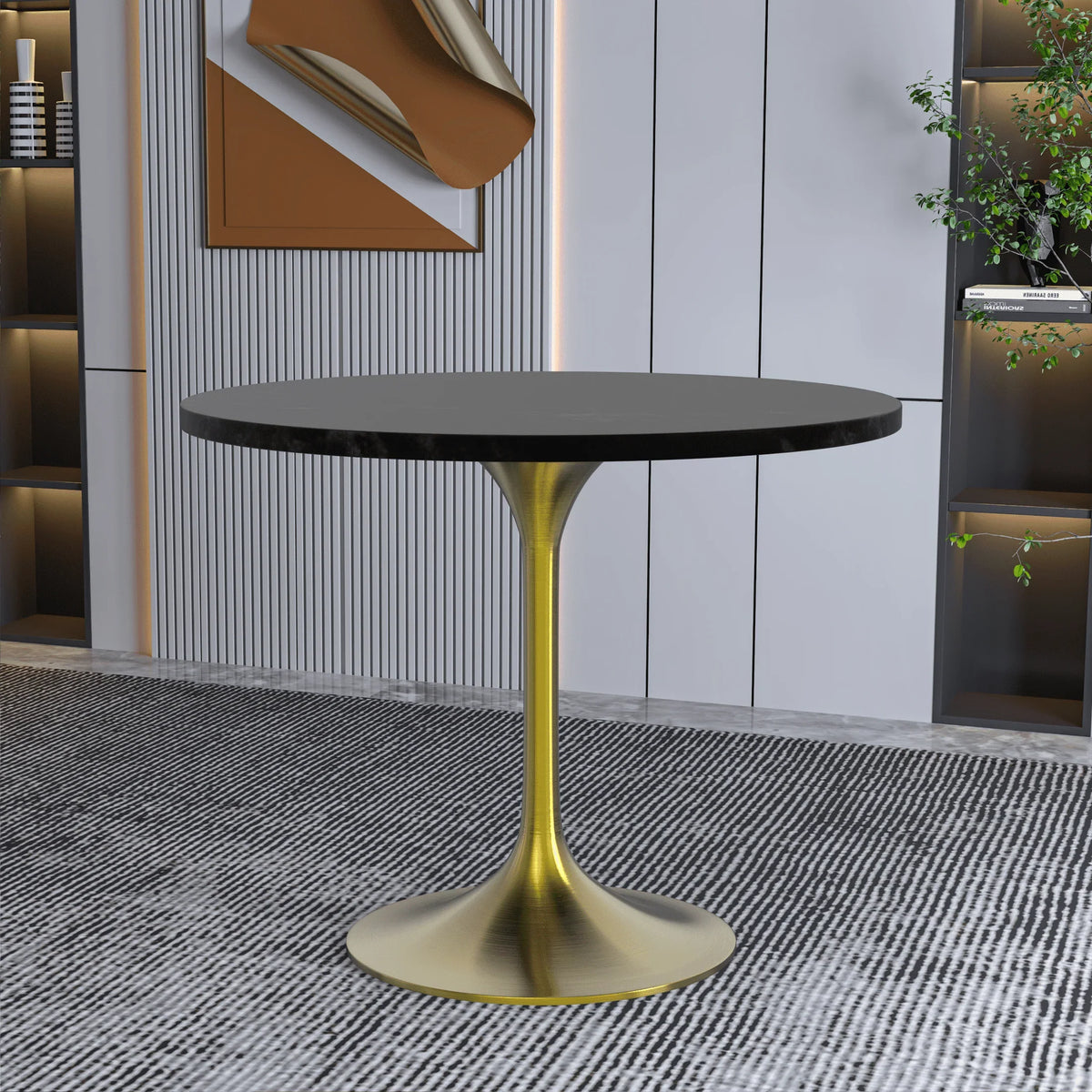 Verve Round Dining Table with MDF/Sintered Stone/Resin Tabletop in Gold Stainless Steel Pedestal Base - Elax Furniture
