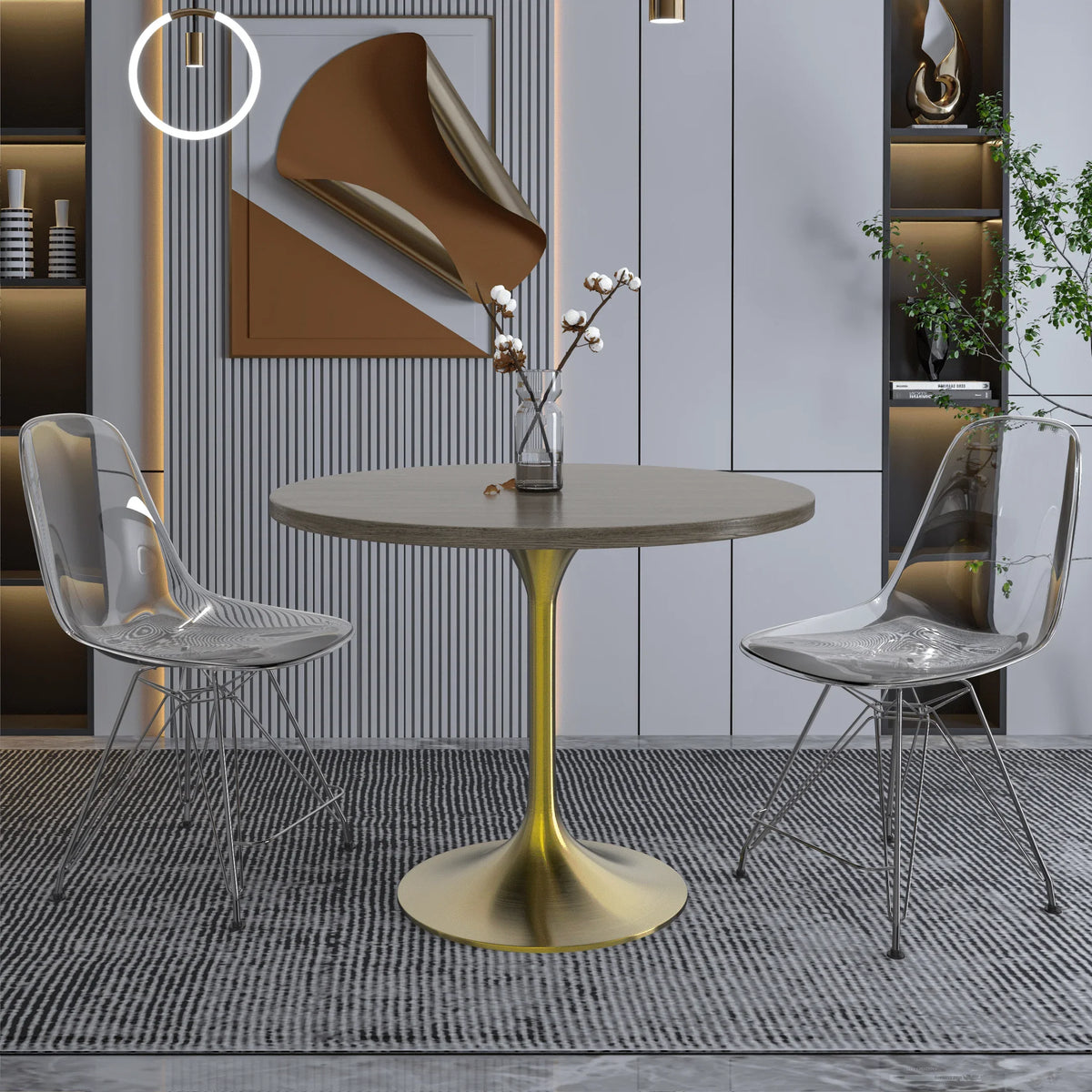 Verve Round Dining Table with MDF/Sintered Stone/Resin Tabletop in Gold Stainless Steel Pedestal Base - Elax Furniture