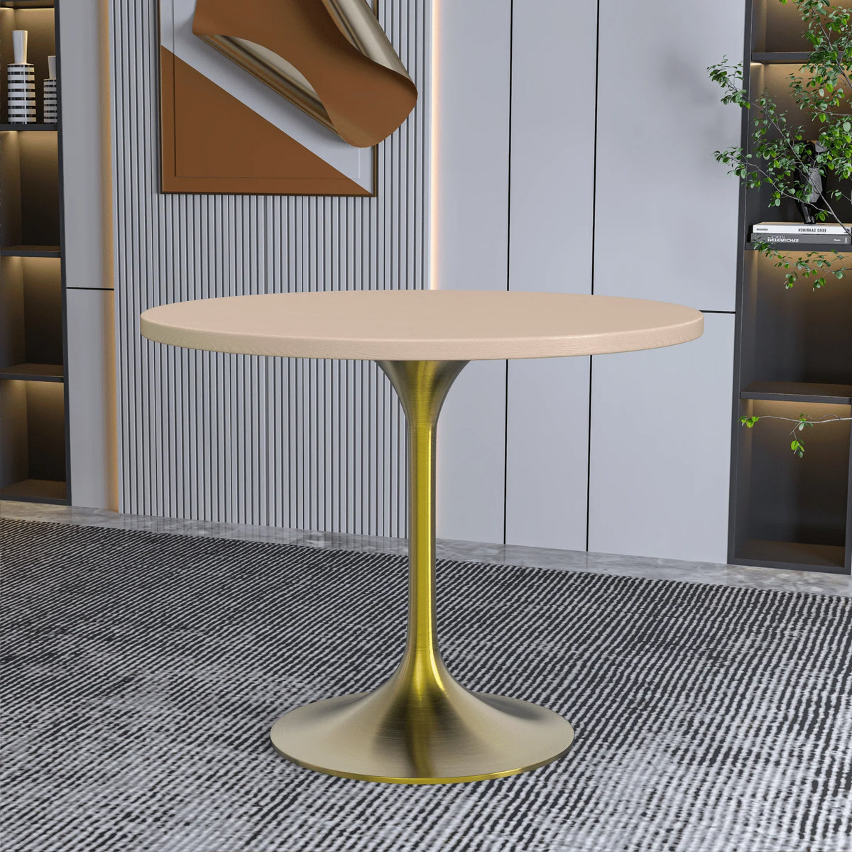 Verve Round Dining Table with MDF/Sintered Stone/Resin Tabletop in Gold Stainless Steel Pedestal Base - Elax Furniture