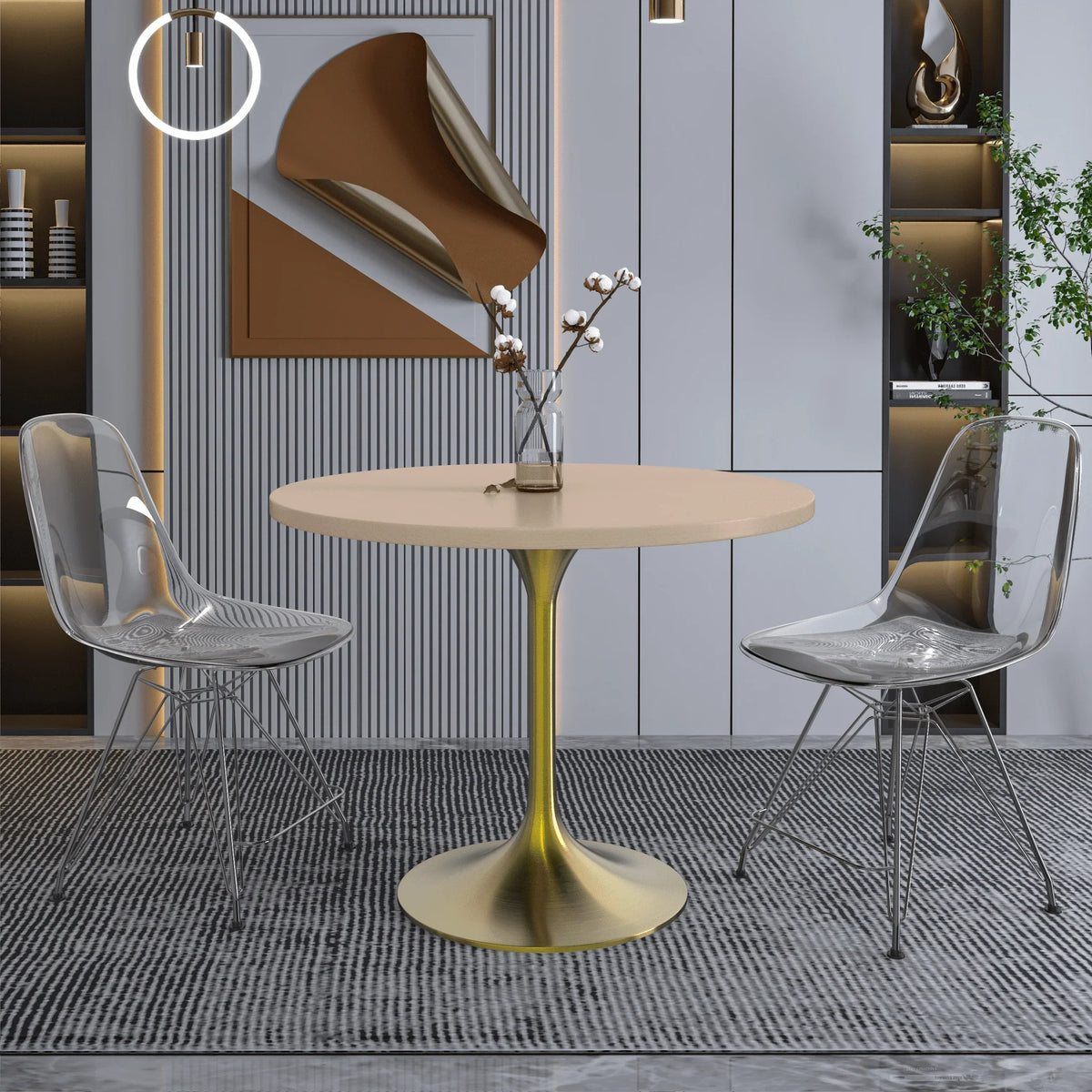 Verve Round Dining Table with MDF/Sintered Stone/Resin Tabletop in Gold Stainless Steel Pedestal Base - Elax Furniture